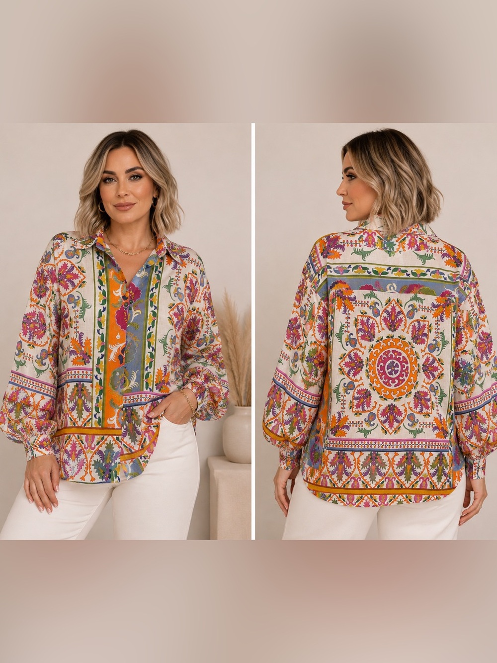 Philosophy Woman Vibrant Boho Paisley Mosaic Button Up Shirt 3X 100% Cotton